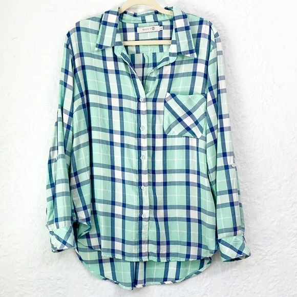 Billy T Lyocell Green & Blue Plaid Relaxed Flannel Sz Large - Picture 1 of 15